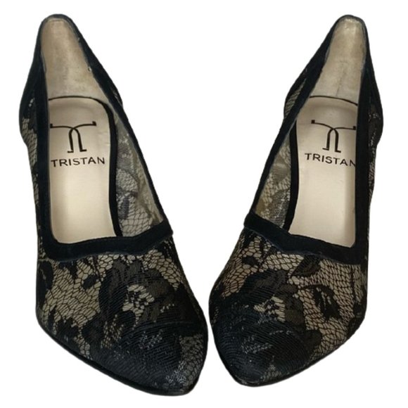 Tristan Shoes - Tristan Black Lace & Suede Leather  Pumps, Size 6